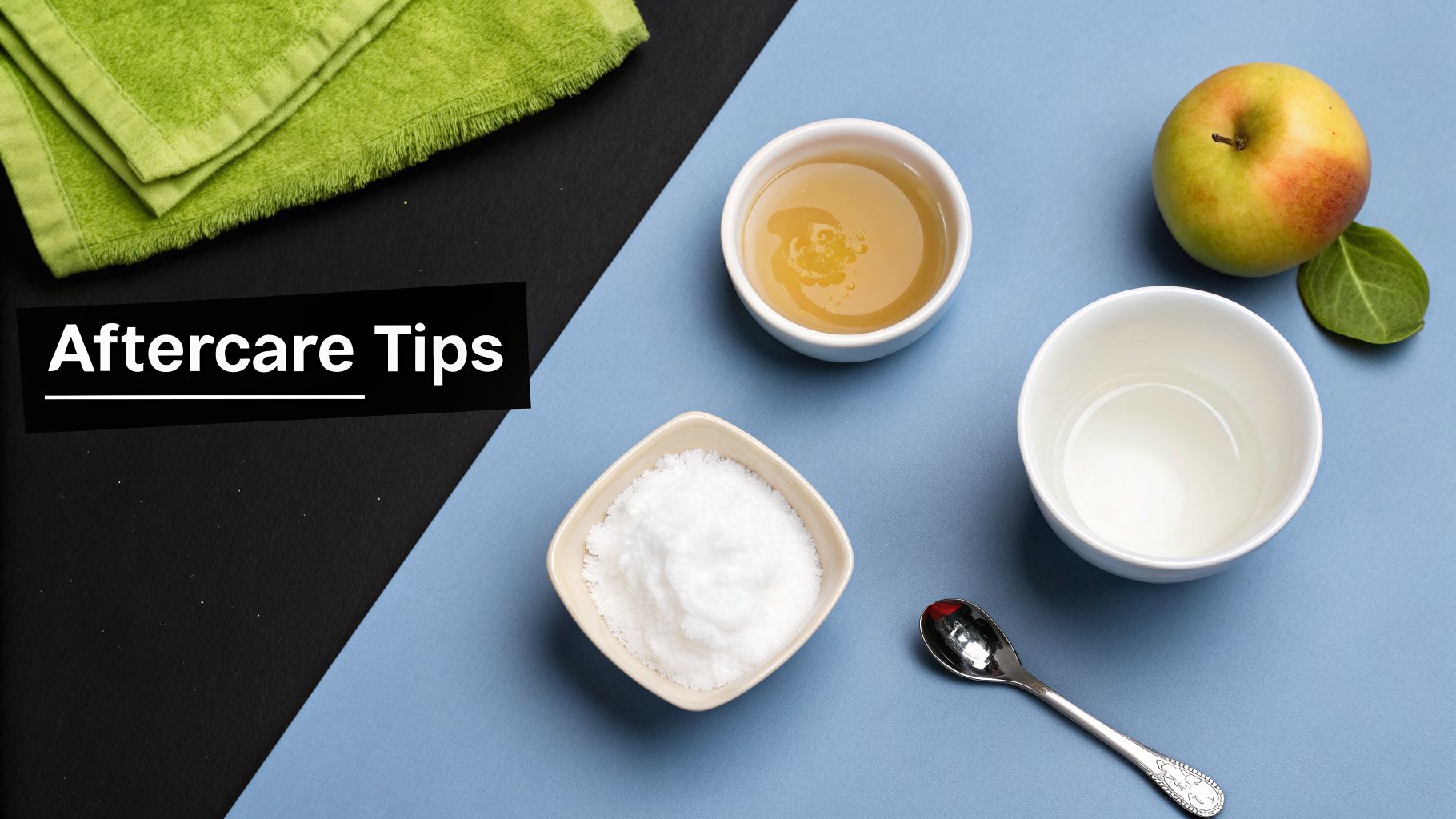 Aftercare tips with natural ingredients like towels, honey, salt, water, and an apple.