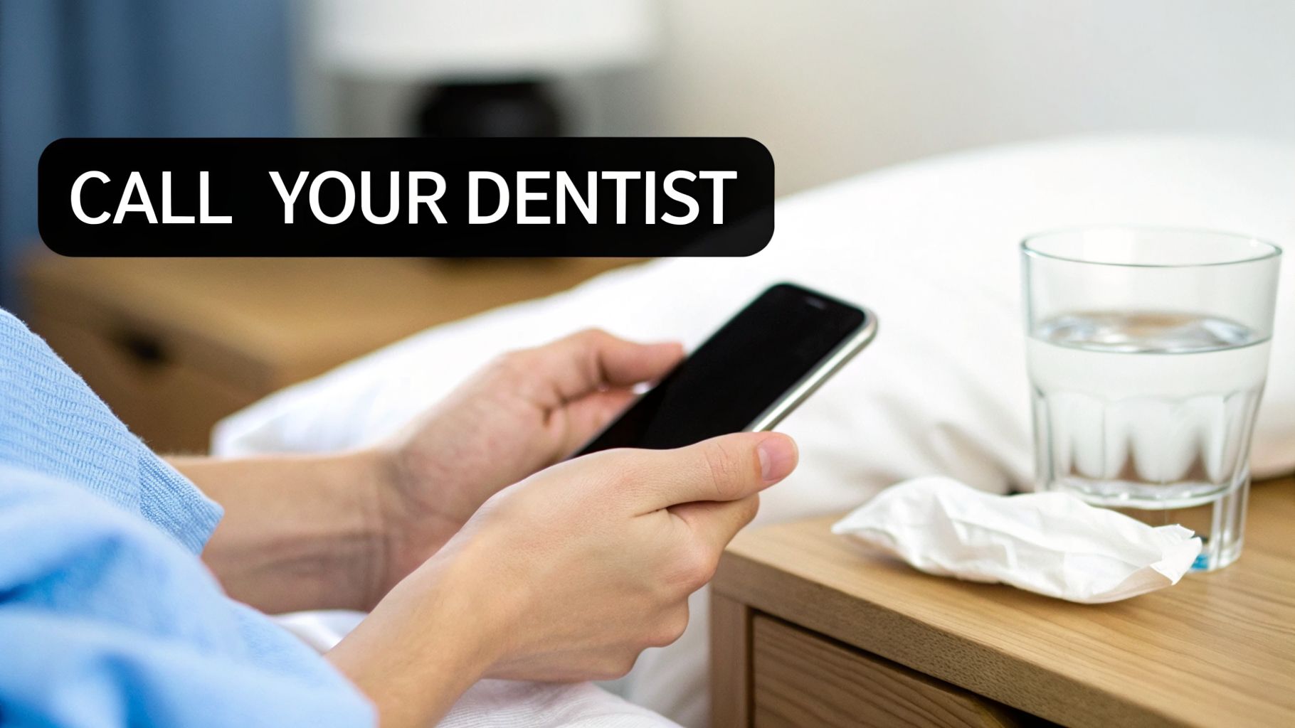 A person in bed holding a phone, next to a glass of water and tissue, with a reminder to call their dentist.