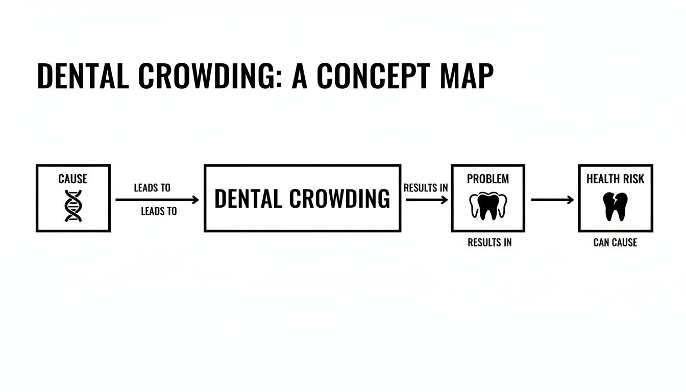 A concept map illustrating dental crowding, linking genetic causes to problems and potential health risks.