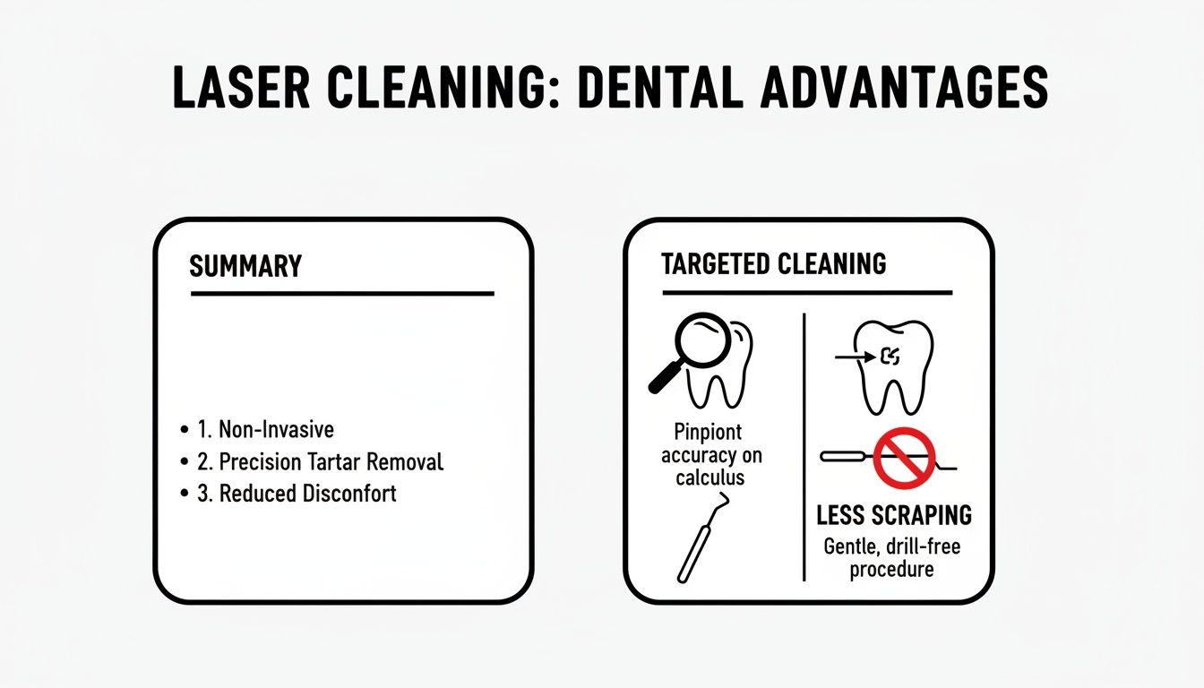 Infographic detailing dental advantages of laser cleaning: non-invasive, precision tartar removal, reduced discomfort, and less scraping.