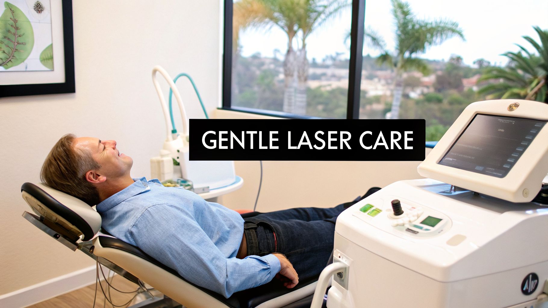 A man smiles while relaxing in a dental chair during a gentle laser treatment.