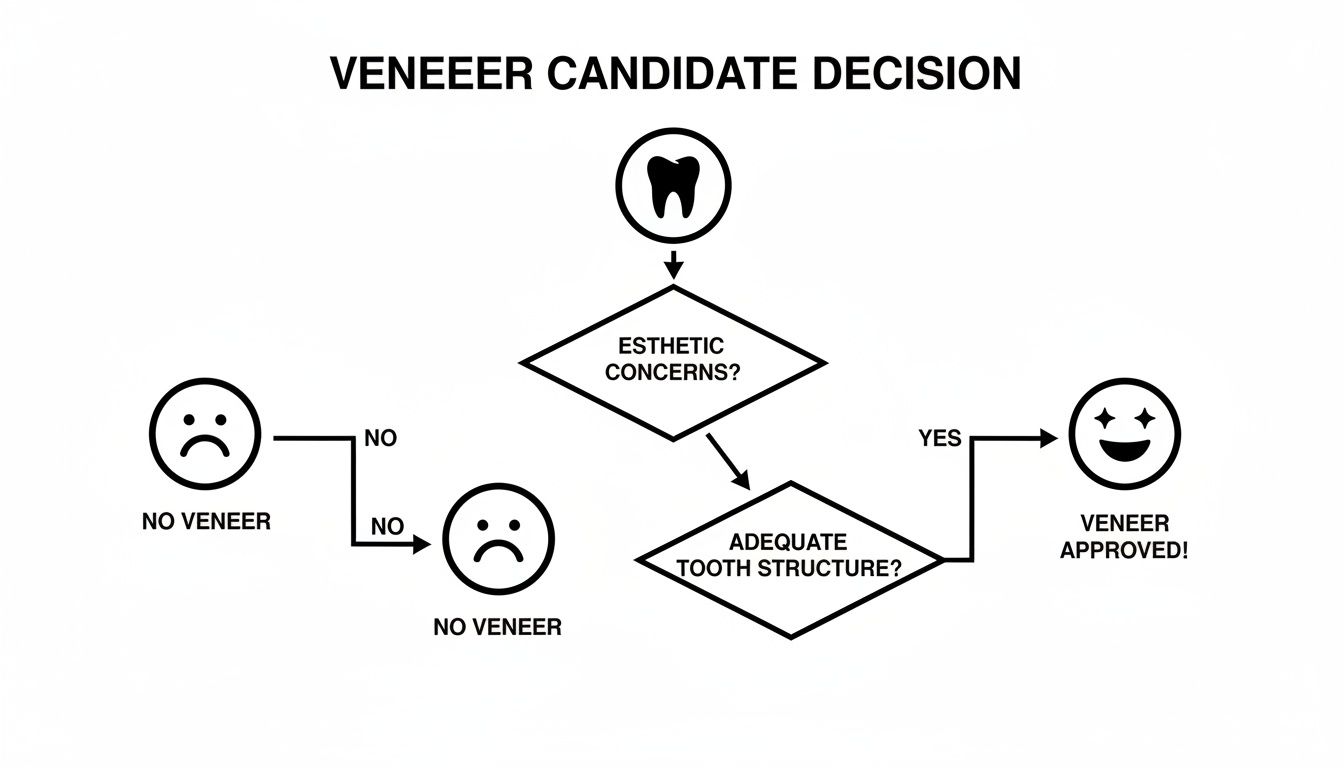 A flowchart detailing the decision process for veneer candidacy based on aesthetic concerns and tooth structure.