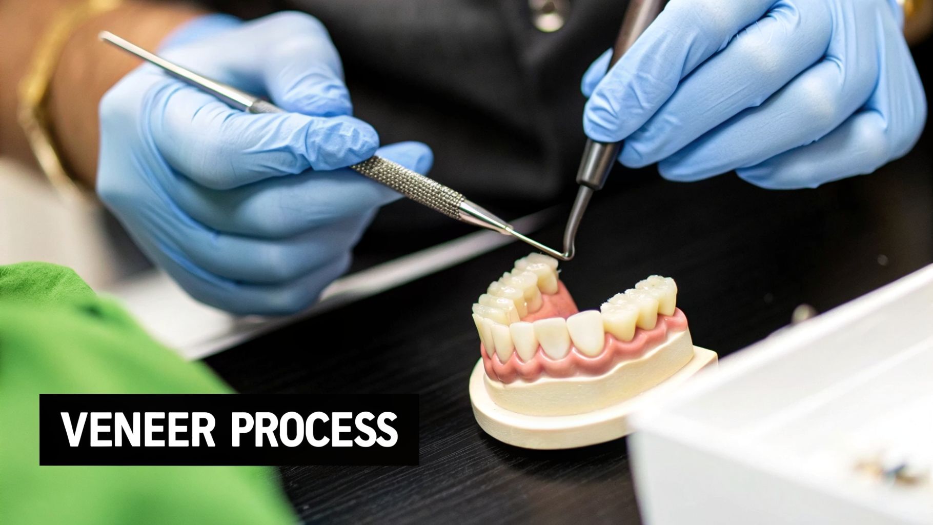 A person in blue gloves uses dental tools to work on a realistic tooth model, illustrating the veneer process.