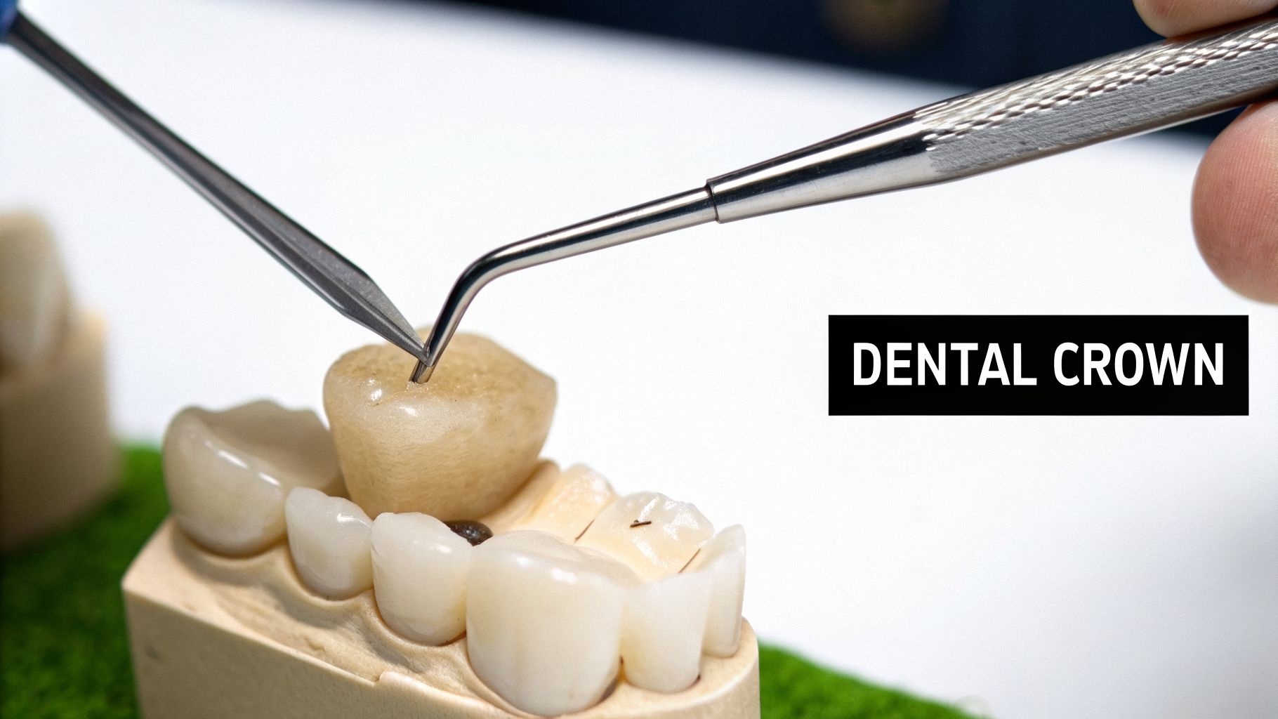 A close-up of a dental professional using a tool to adjust a dental crown on a tooth model.