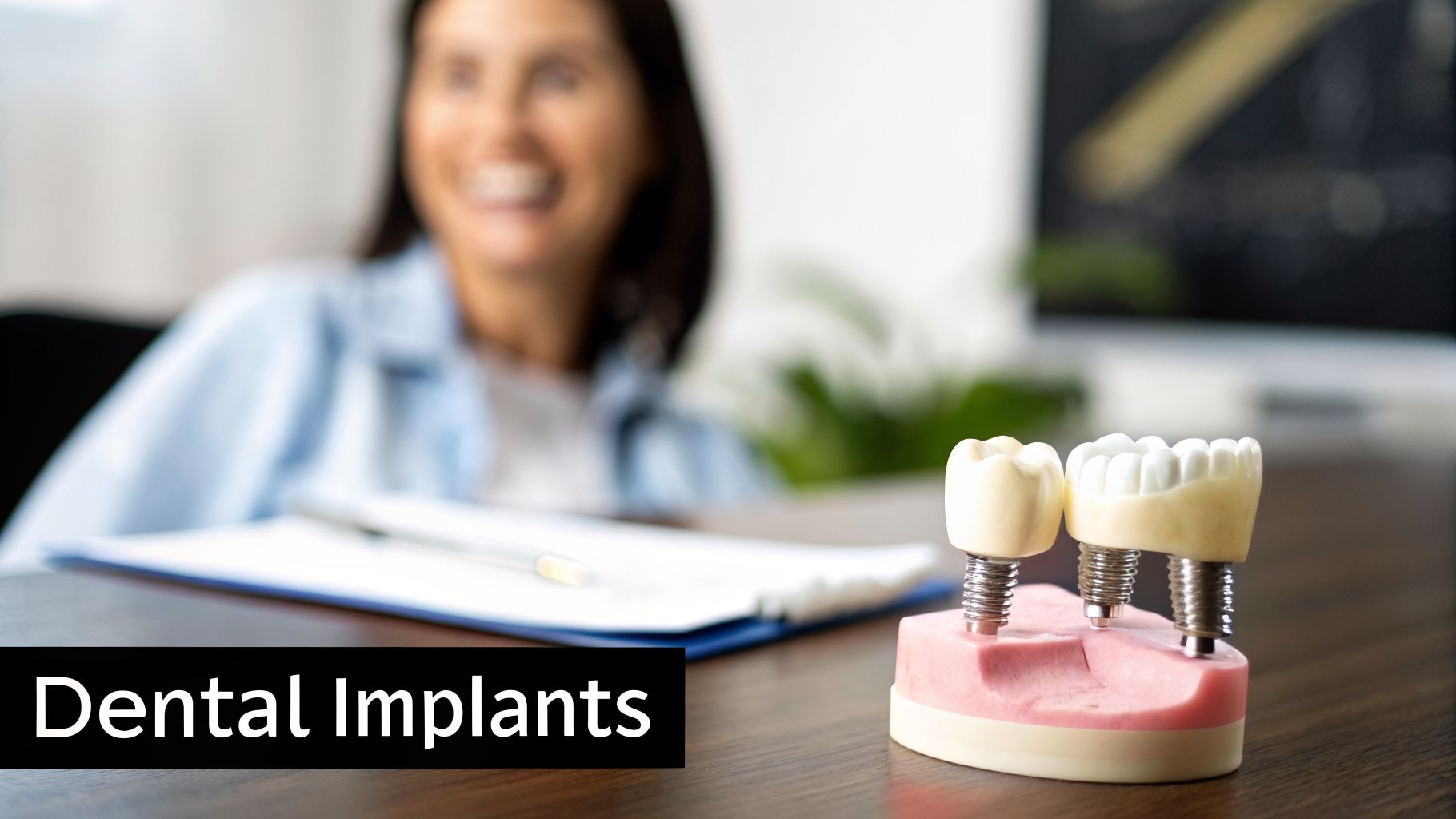 A close-up of a dental implant model with two crowns on a desk, a smiling woman blurred in the background.