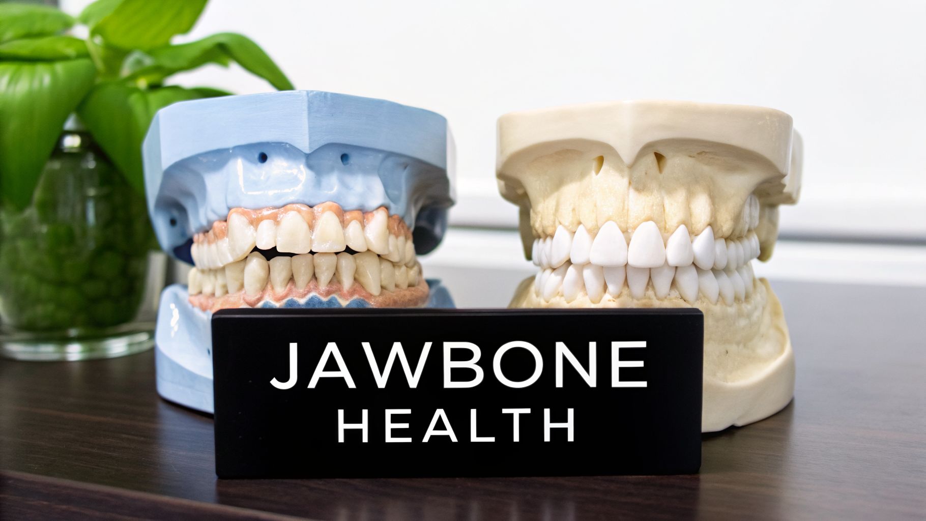 Two dental models, one blue and one beige, with a 'JAWBONE HEALTH' sign on a desk.