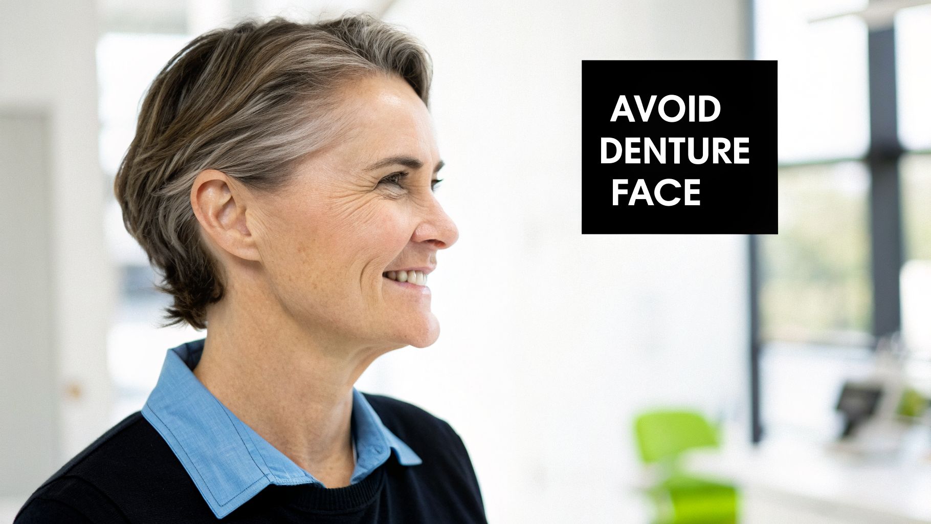 Smiling woman in profile with text 'AVOID DENTURE FACE' on a black background, focusing on dental care.