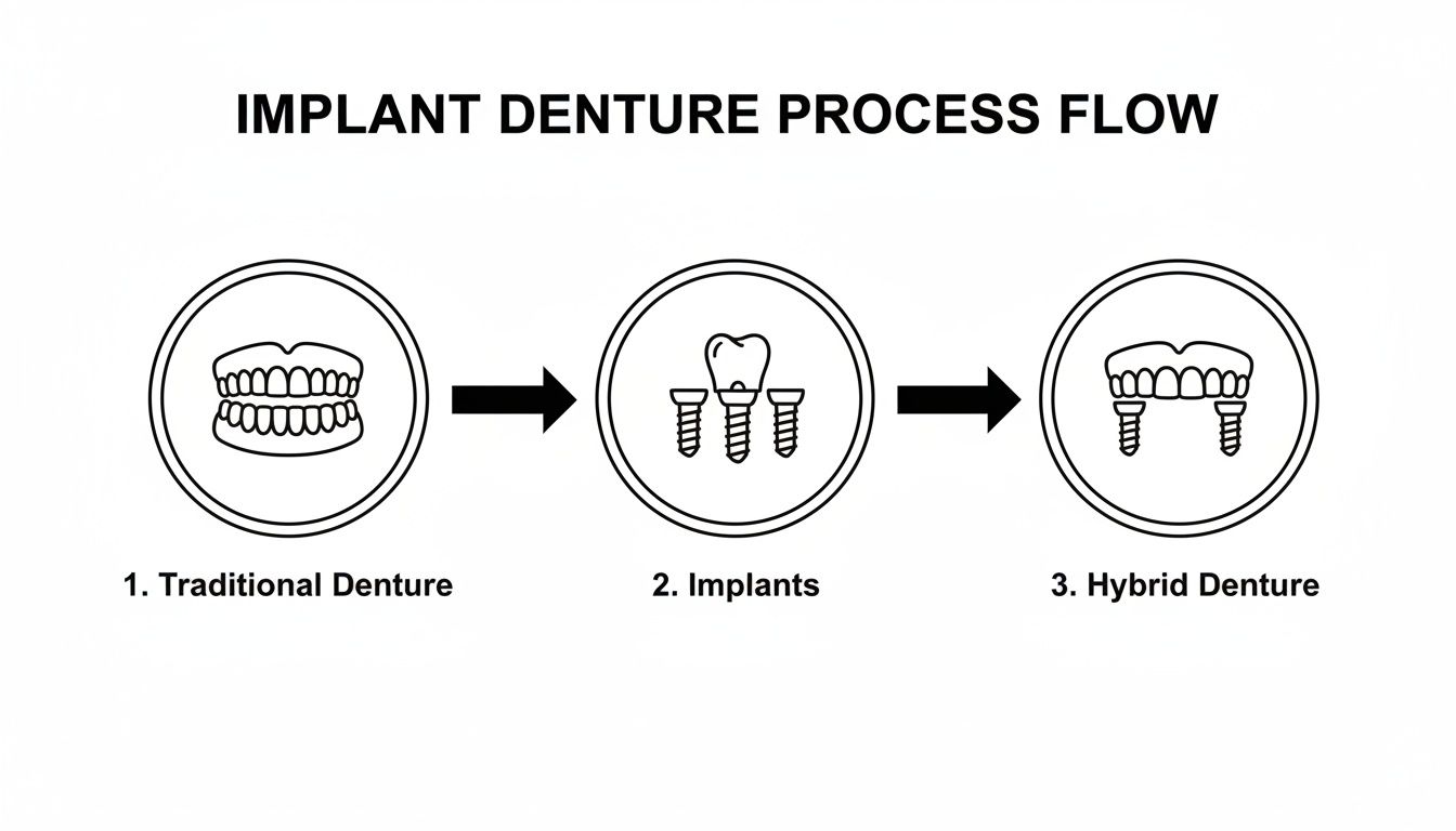 A diagram illustrating the implant denture process flow, detailing steps from traditional dentures to implants and then to hybrid dentures.