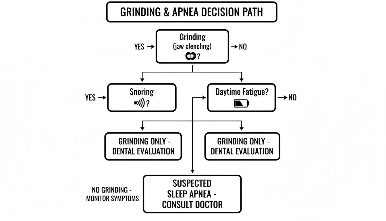 Flowchart guiding individuals through grinding and sleep apnea symptoms for diagnosis and next steps.