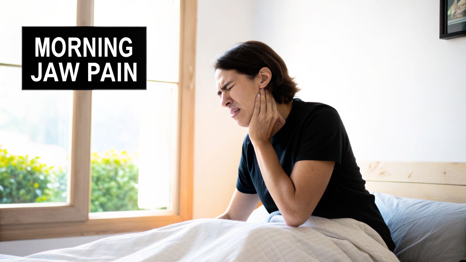 A woman in bed wakes up with morning jaw pain, clutching her face in discomfort.
