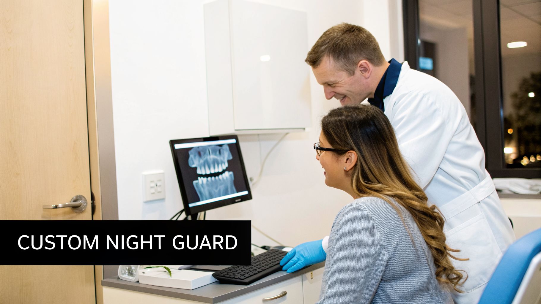 Dentist and patient smiling while reviewing a custom night guard on a computer screen displaying dental X-rays.