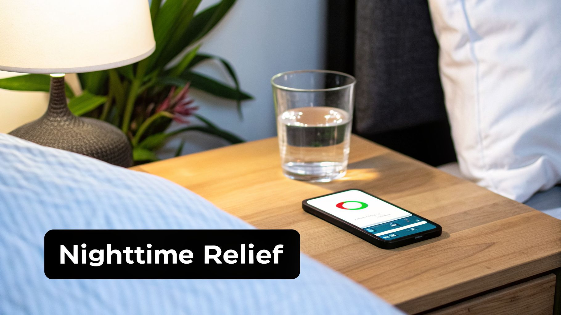 A bedside table with a lamp, a glass of water, and a smartphone displaying an app. Text: Nighttime Relief.