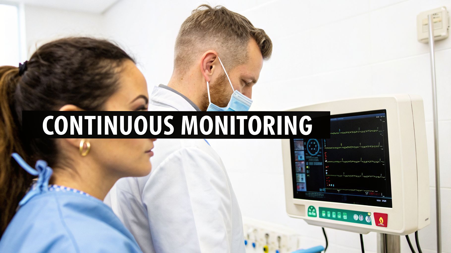 Two medical professionals, a man and a woman, observe a medical monitor displaying vital signs, highlighting continuous monitoring.