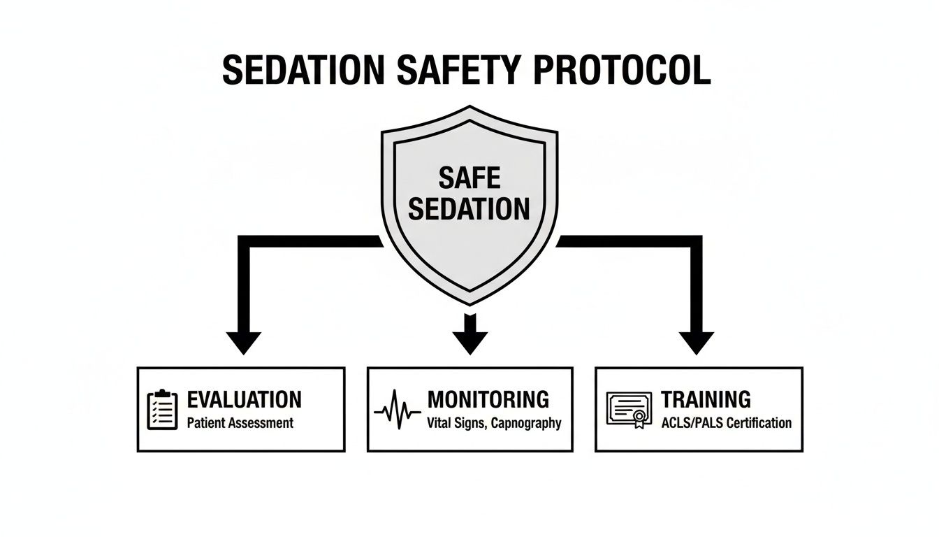Diagram illustrating sedation safety protocol with evaluation, monitoring, and training components for safe sedation.