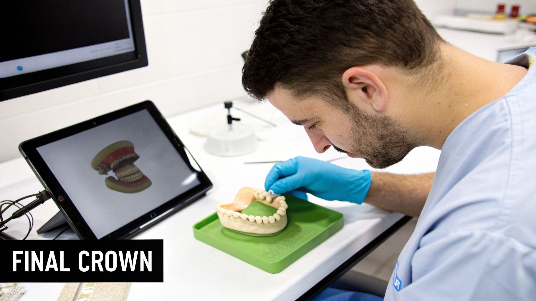 A dental professional meticulously crafts a dental model while referencing a 3D digital teeth model on a tablet.