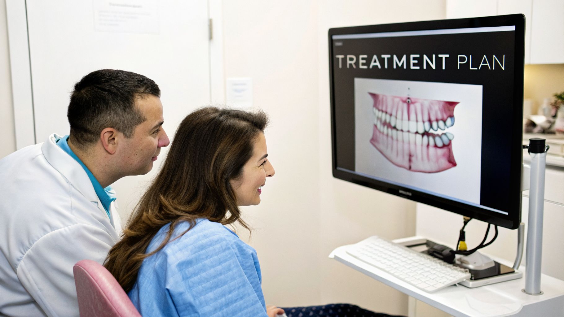 A dentist and a smiling patient reviewing a dental treatment plan on a computer monitor.