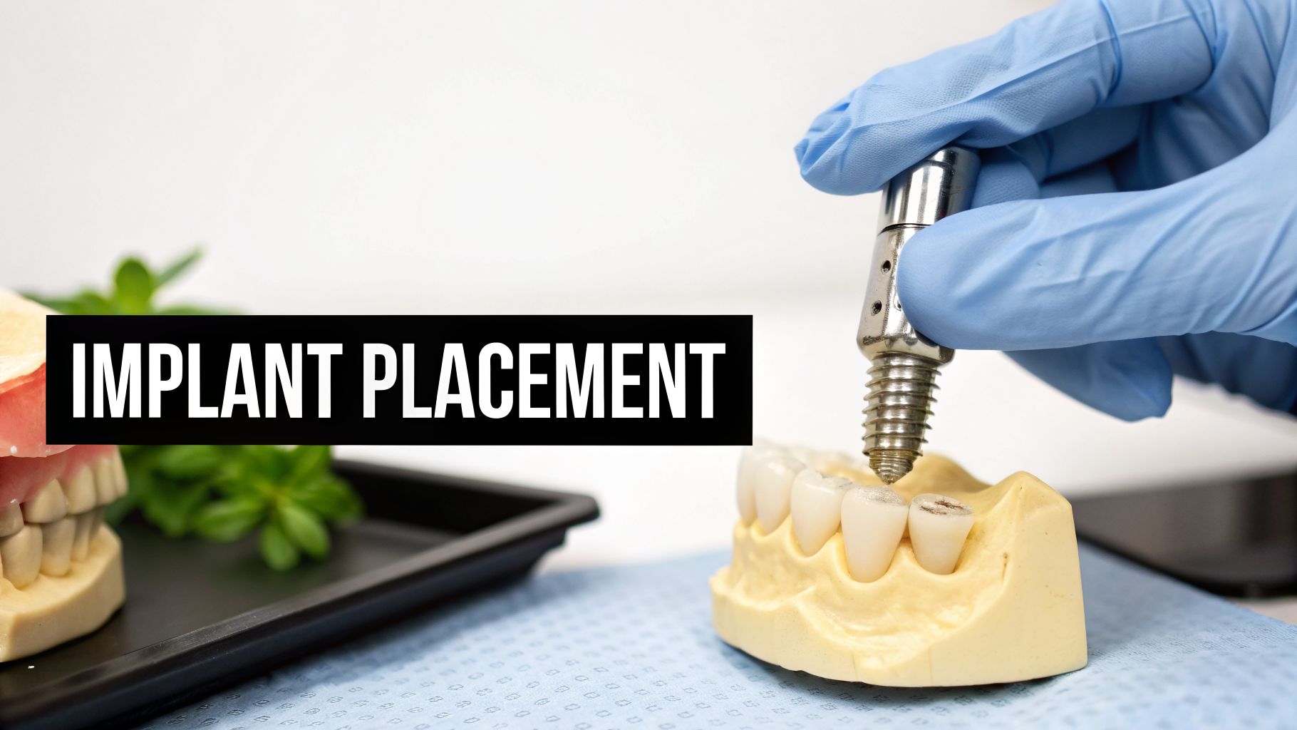 A gloved hand inserting a dental implant into a model jaw with teeth, illustrating implant placement.