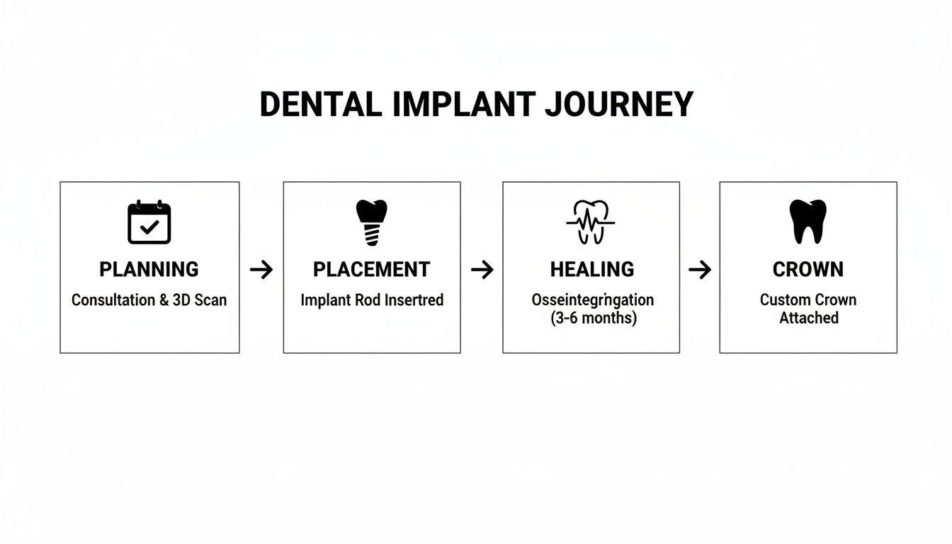 A flowchart illustrating the four stages of a dental implant journey: planning, placement, healing, and crown.