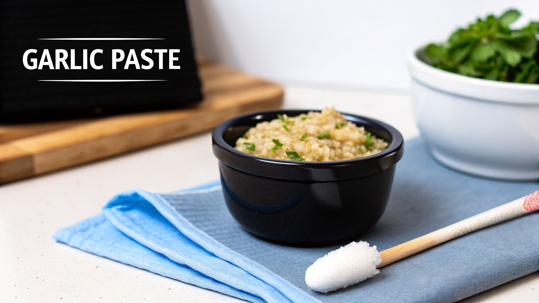 A close-up of fresh garlic paste in a black bowl, garnished with green herbs, next to a blue napkin.