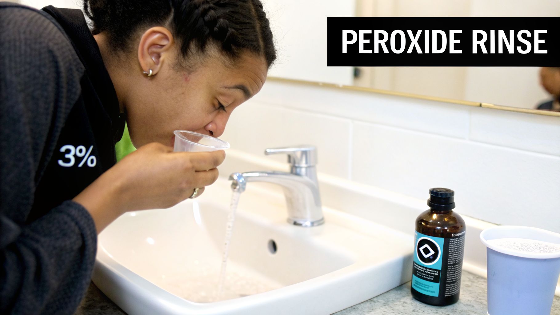 A person rinses their mouth with a peroxide solution over a bathroom sink.