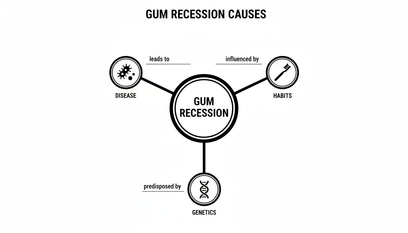 Diagram illustrating the causes of gum recession, influenced by disease, habits, and genetics.