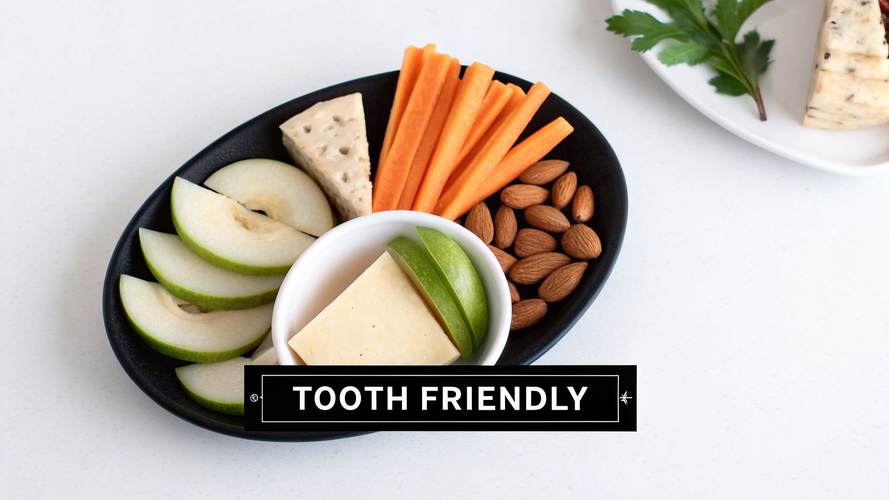 Assorted tooth-friendly snacks on a black plate, including pear slices, cheese, carrot sticks, almonds, and apple slices.