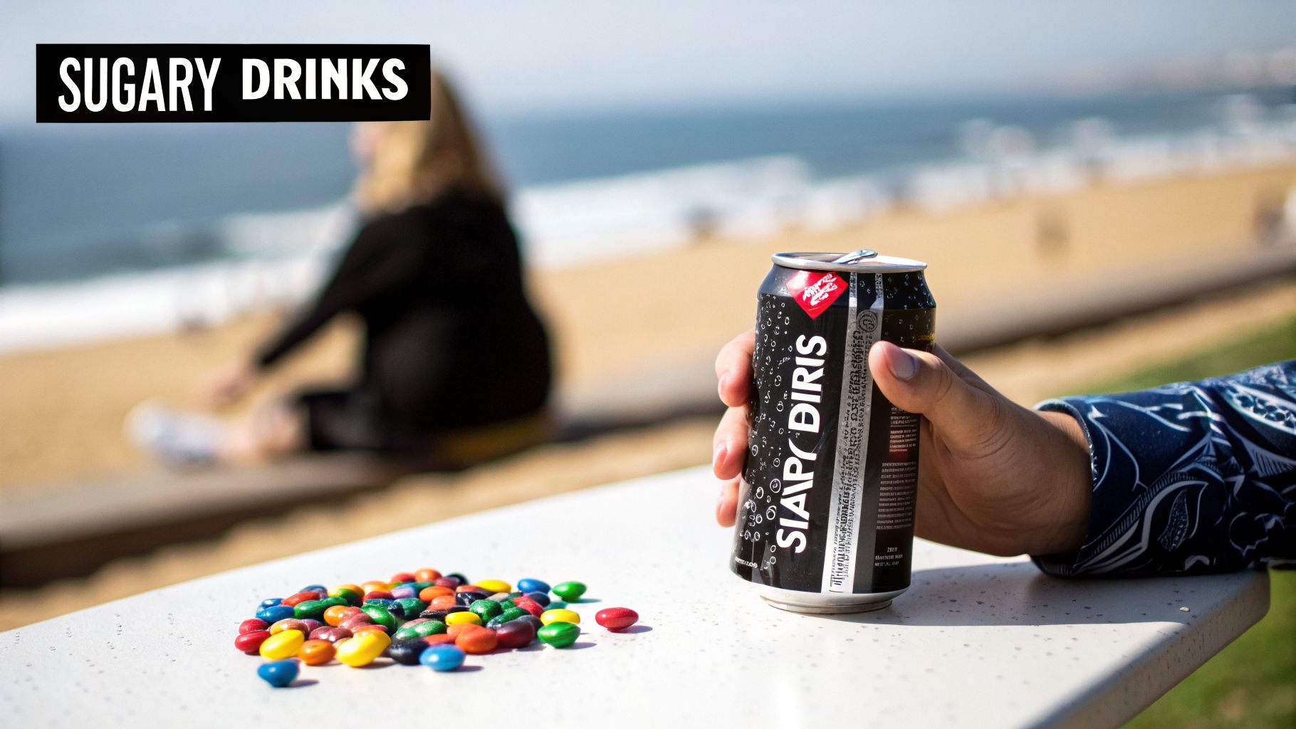 A hand holds a 'Sugary Drinks' soda can and colorful candies on a table, with a beach background.
