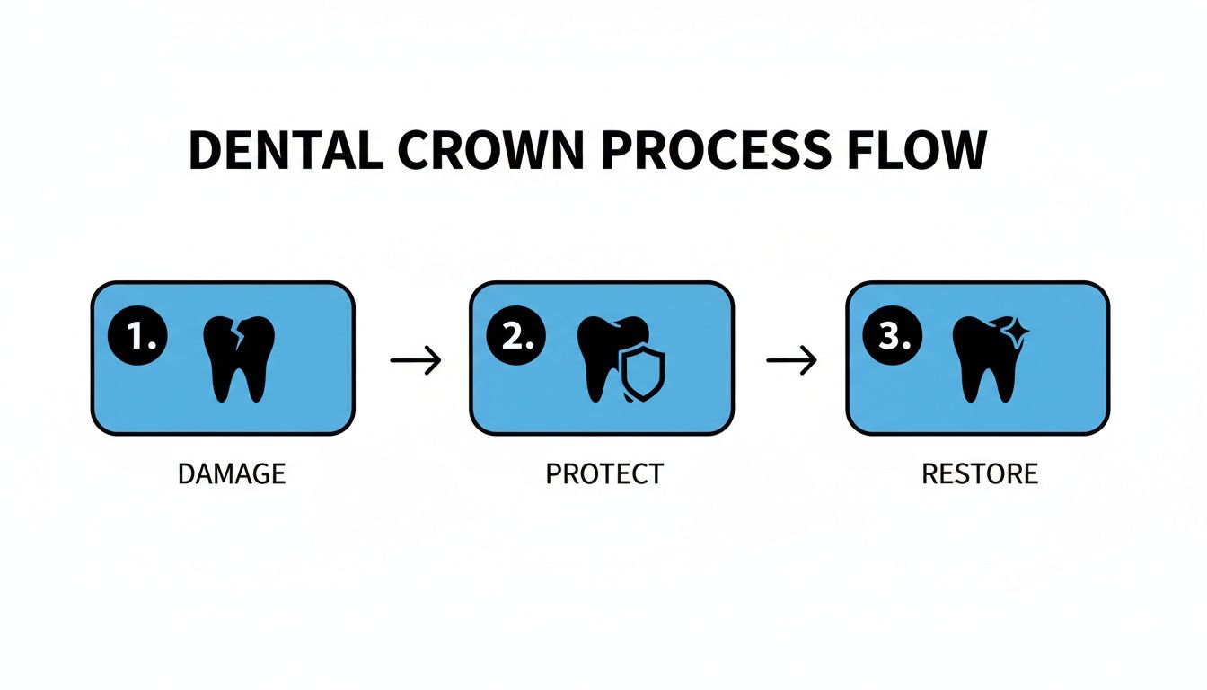 A flow chart illustrating the three steps of a dental crown process: damage, protect, and restore.