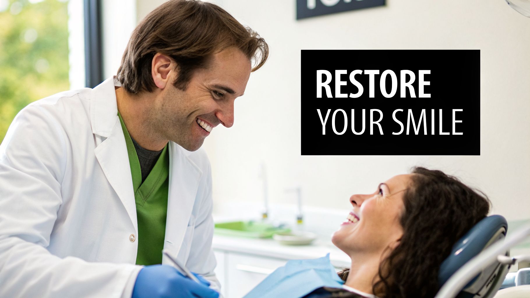 A smiling dentist in a white coat speaks with a happy female patient in a dental chair, promoting 'RESTORE YOUR SMILE'.