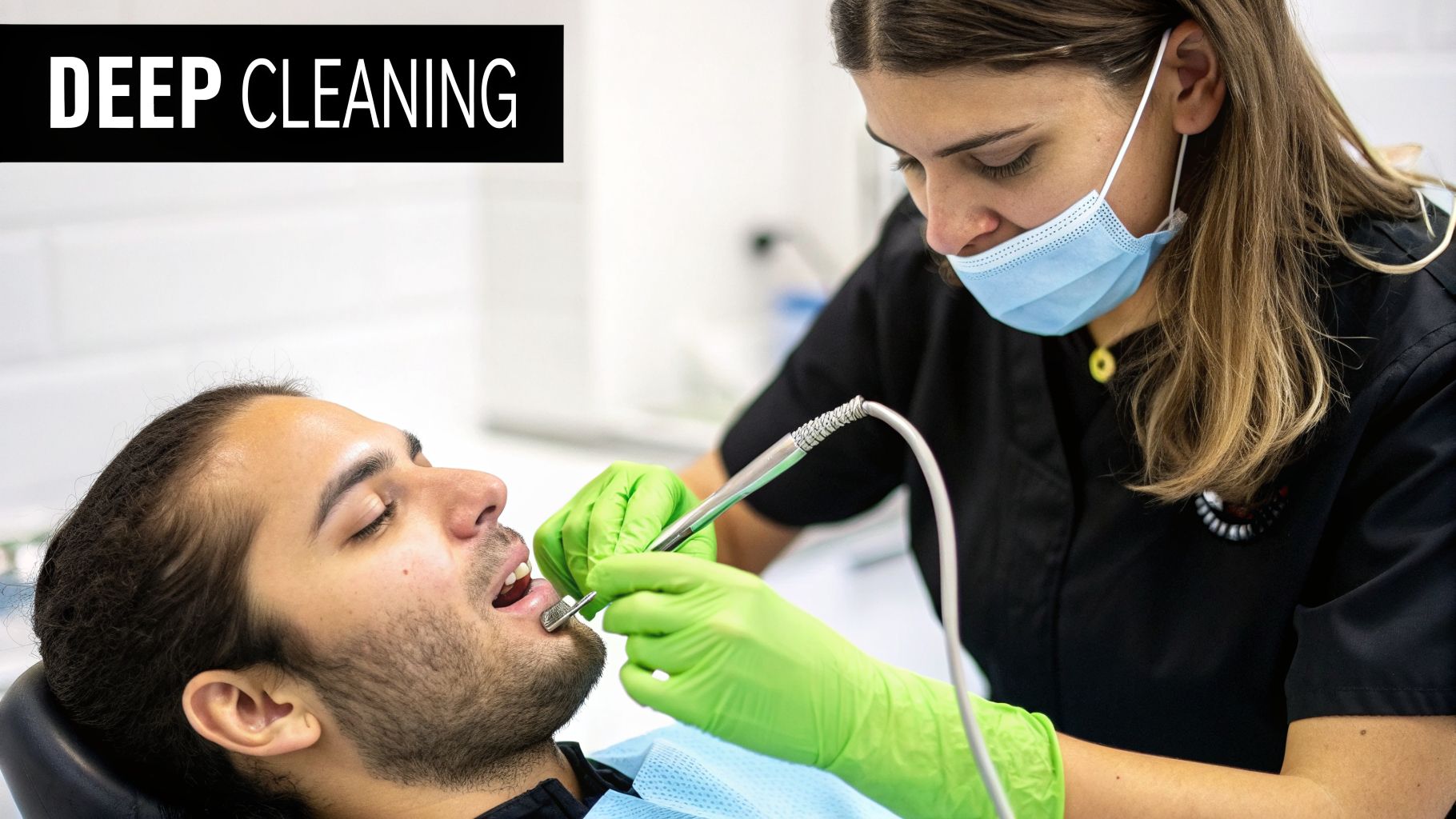 A dentist wearing a mask and green gloves performs a deep cleaning procedure on a male patient.