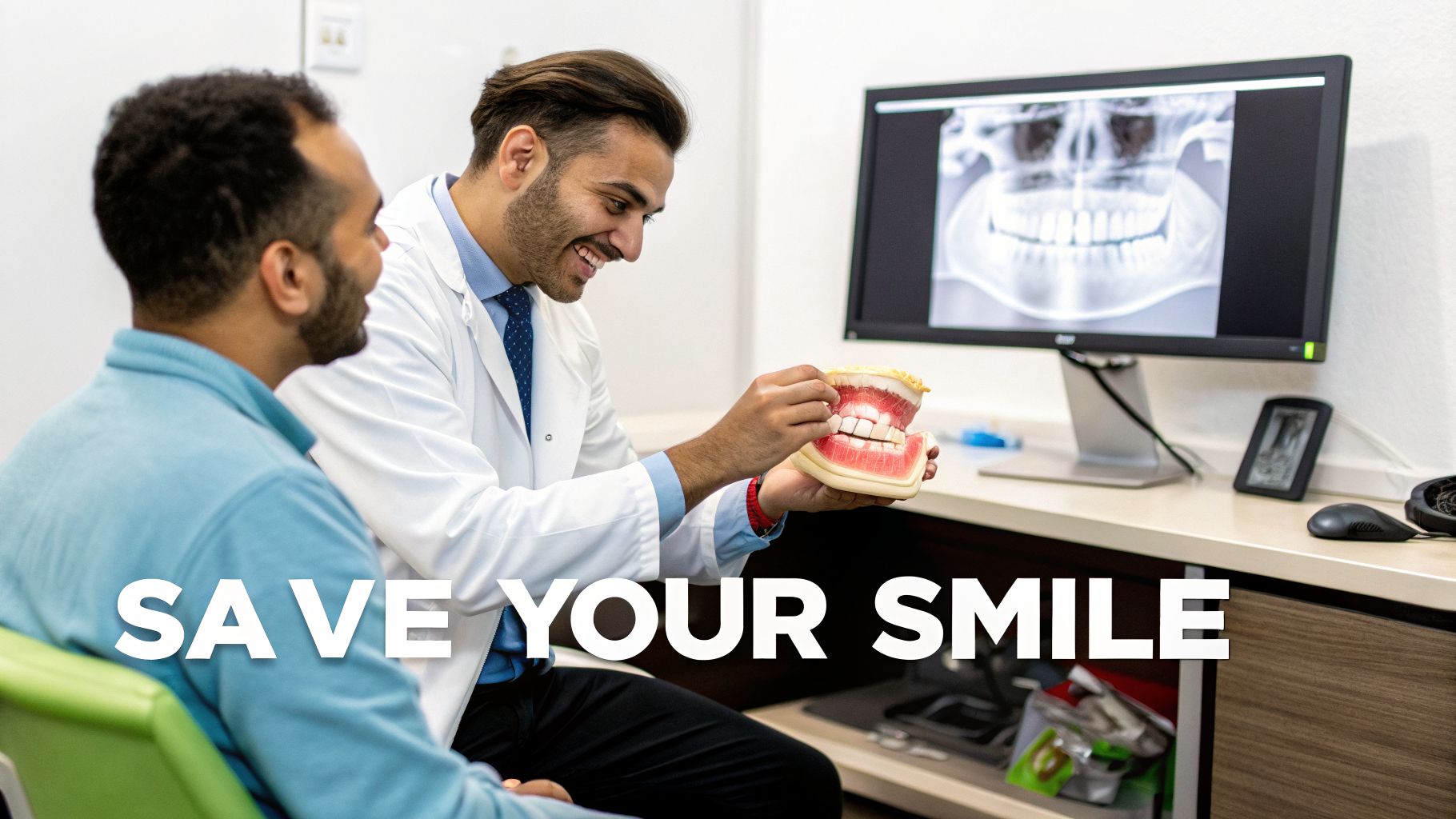 A male dentist explains dental care using a teeth model to a male patient, with a dental X-ray on screen.