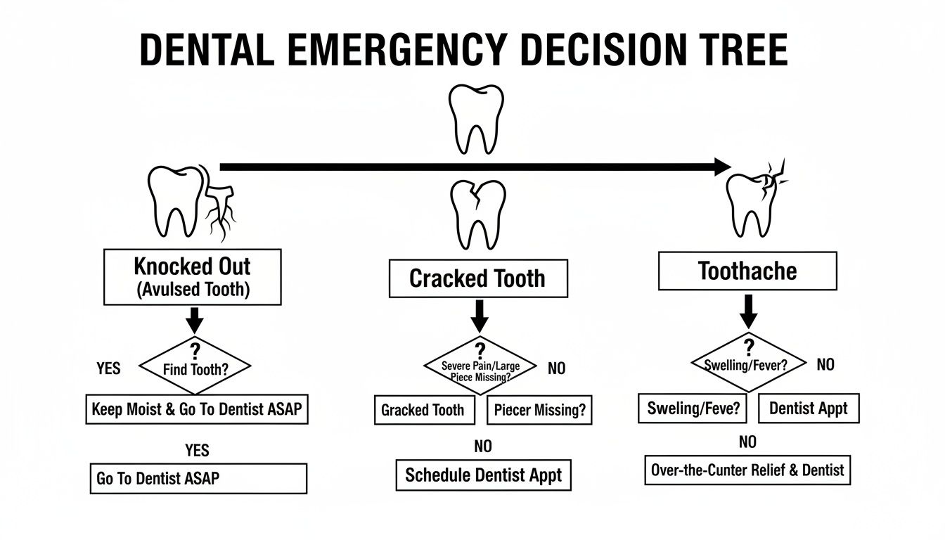 A flowchart illustrating a dental emergency decision tree for knocked out tooth, cracked tooth, and toothache.