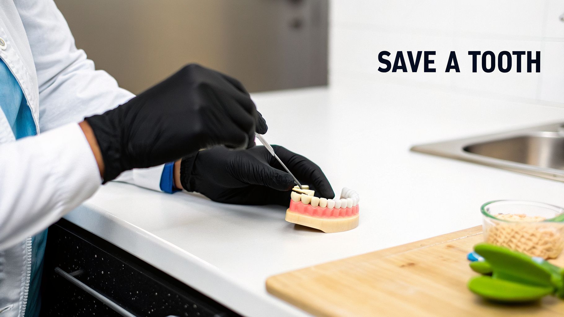 A dental practitioner in black gloves uses a tool on a tool on a teeth model in a sterile clinic setting.