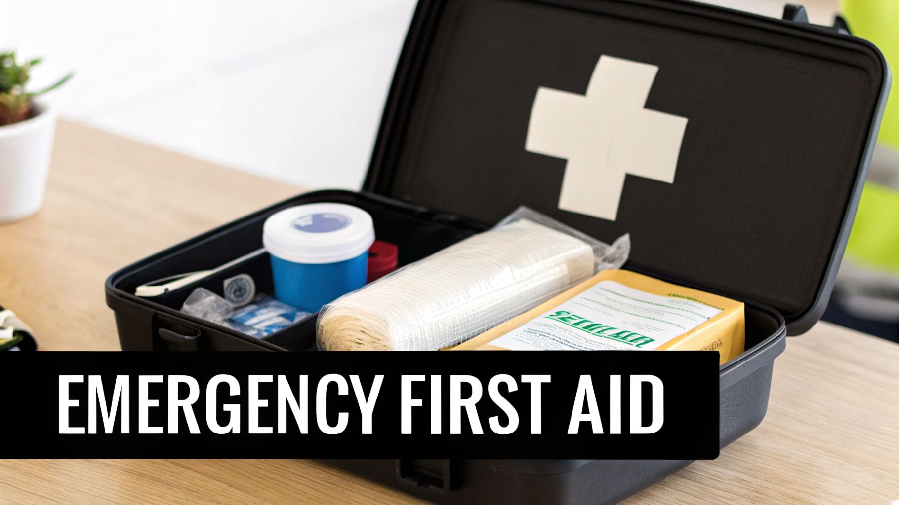 An open black first aid kit with a white cross, filled with medical supplies on a wooden table.
