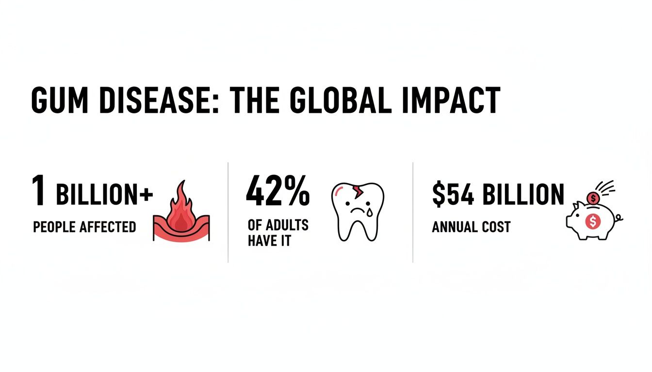 Infographic detailing the global impact of gum disease, showing over 1 billion people affected and $54 billion annual cost.