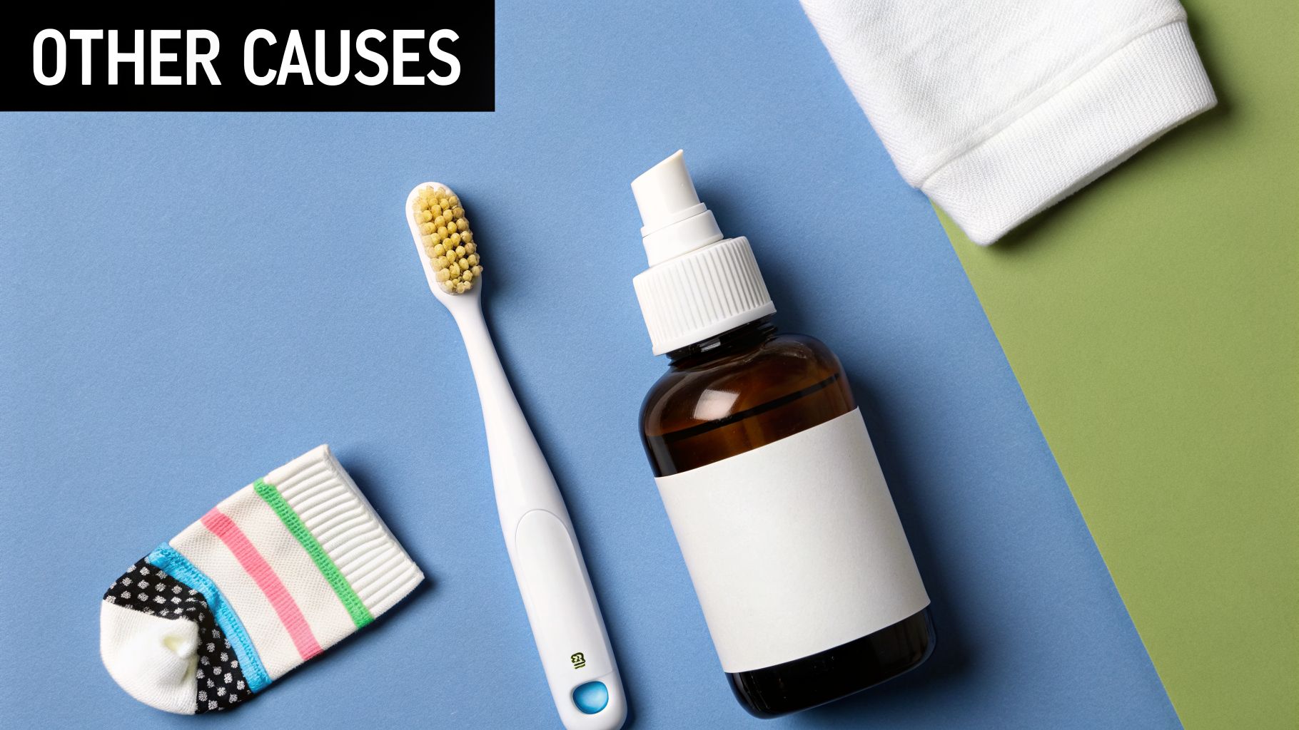 Flat lay of hygiene items: white toothbrush, amber spray bottle, white towel, and colorful sock.